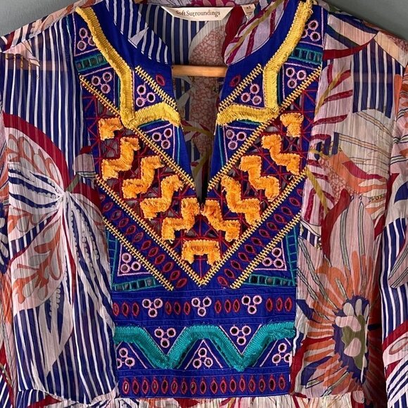 Soft Surroundings Tory Tunic Womens Sz XS Floral Stripes Sheer Boho Embroidered - Picture 5 of 11